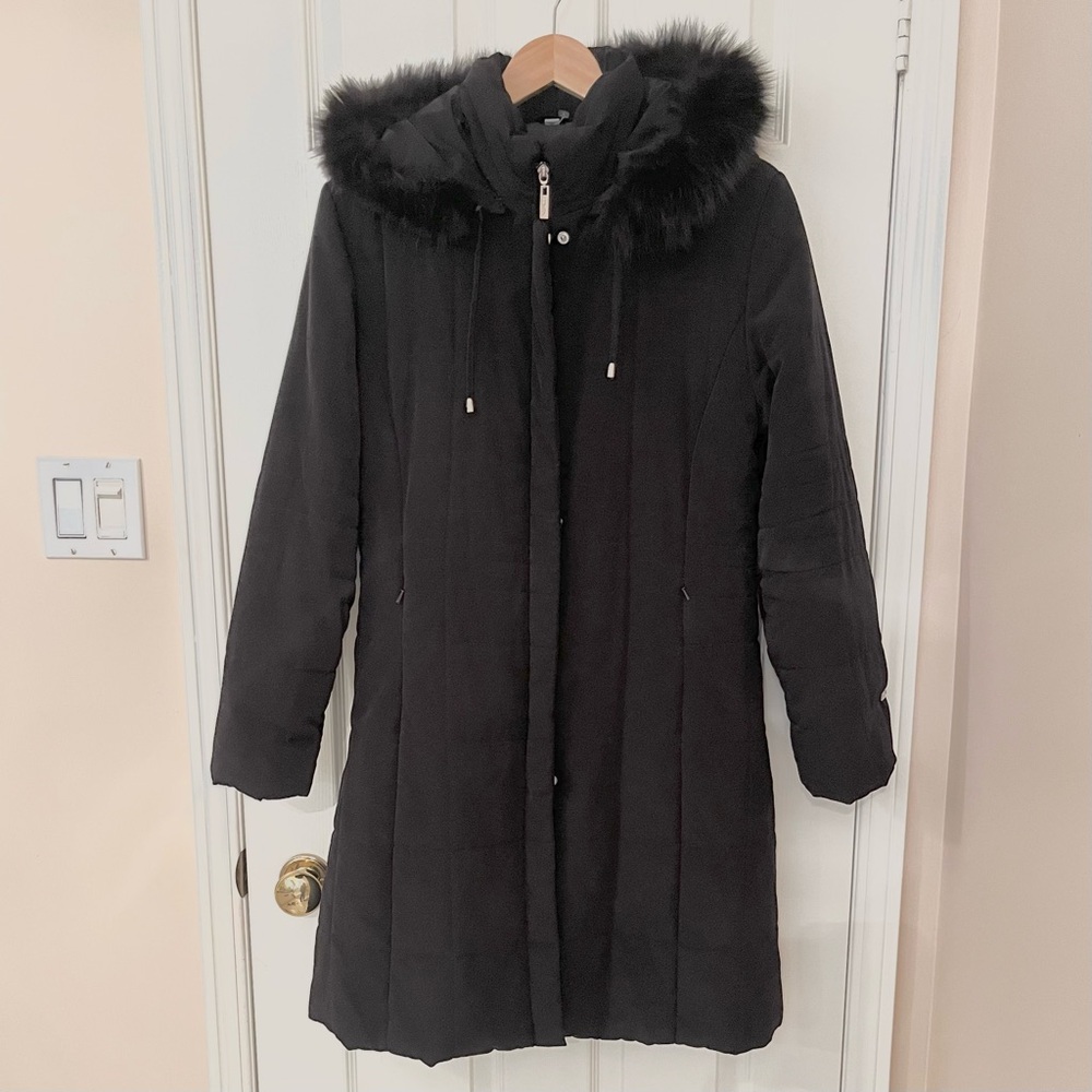 Nuage Hooded Coat Black Real Fur Trim Size M